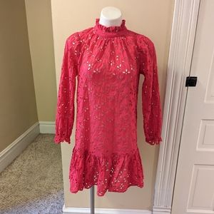 J. Crew hot pink long sleeve ruffle eyelet dress with no lining size S